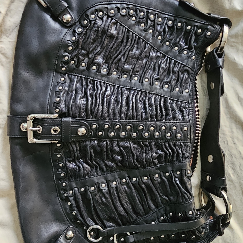 Isabella Fiore Black Ruched Leather Hobo Bag